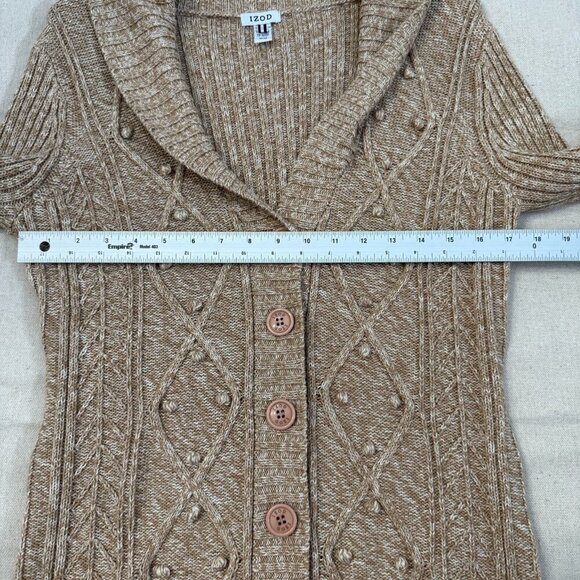 Izod Heather Tan Textured Geometric Print Knit Cardigan Sweater Shawl Collar M - Picture 12 of 13